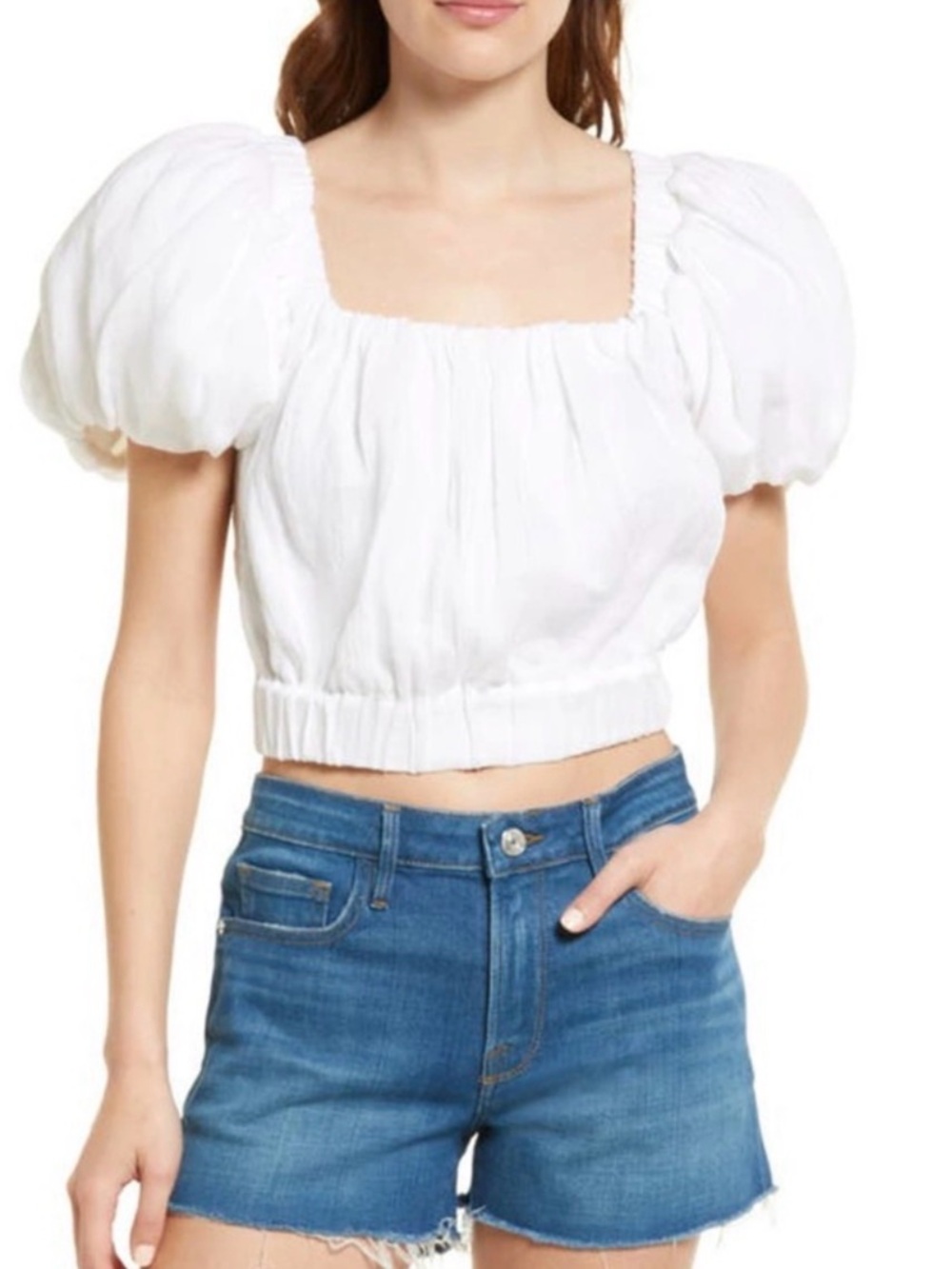 FRAME Ruched Crop Puff Sleeve Blouse in Blanc Size Medium NWT